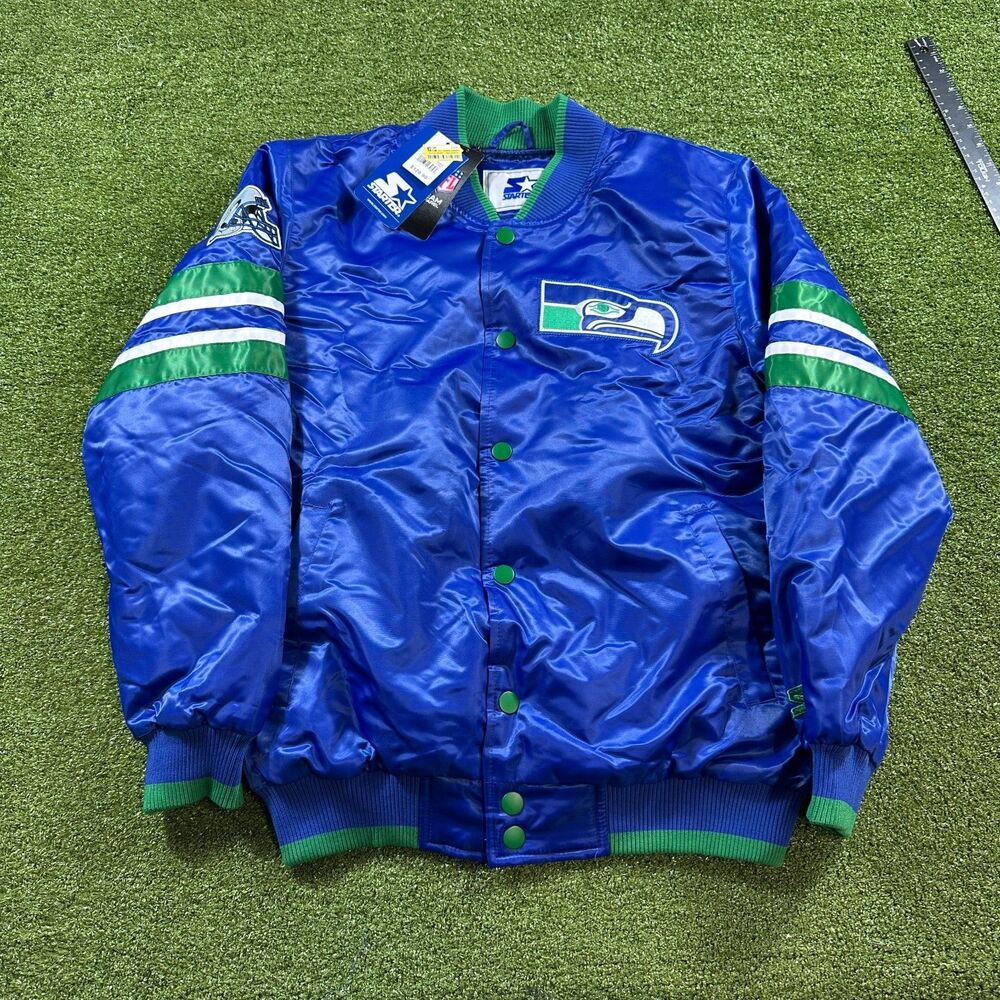 Starter Seattle Seahawks Satin Snap Button Jacket Mens M Royal Blue Green NFL
